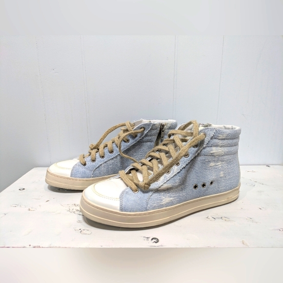 P448‎ High Top Skater Shoe Size 39 9 Denim Leather Burlap - Picture 3 of 10